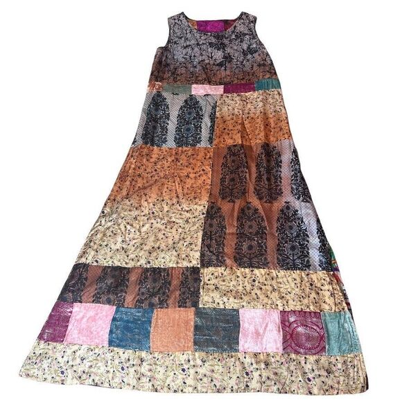 Silk Patchwork Maxi Reversible‎ Dress Womens Sz. Medium Gypsy  Boho Colorful - Picture 8 of 13
